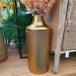 Premium hammered gold tall cylinder floor vase. Handcrafted metallic <b>interior</b> <b>accessory</b>. Available at wholesale prices. - Product Image 1