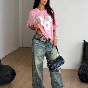 Camiseta de Fútbol Rosa Oversize para Mujer con Malla, Apliques de Satén y Número, Estilo Urbano, Transpirable, Casual, Top de Moda Urbana - Product Image 6