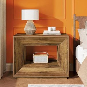 Mesa de Noche Rústica Marrón de 2 Niveles con Estante, Mesa de Noche Grande para Dormitorio - Product Image 2