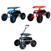 Carrito de taller con asiento rodante de acero, carro de jardín con asa de dirección, asiento