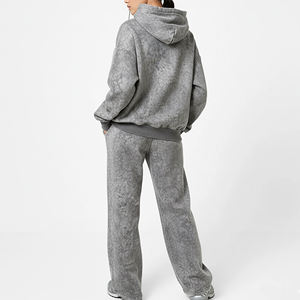 Conjunto de 2 piezas de sudadera con capucha y pantalones de chándal para mujer, de invierno, color liso, con encaje, lavado ácido, 100% algodón, con logotipo bordado personalizado, al por mayor - Product Image 3