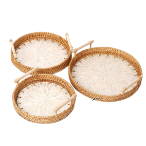 Lot de 3 plateaux en rotin laqué tressé avec incrustations de nacre, base en bois, style bohème, sans BPA, vaisselle à un seul niveau - Product Image 2