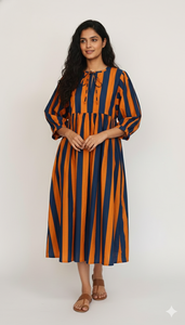 Vestido Mini Boho Floral Naranja y Azul para Mujer, 100% Algodón Natural, Cintura Ajustada, Lavable, Corte en A, Cómodo, Inspiración Étnica, Hecho a Mano, Otoño - Product Image 2