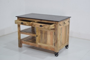 Table d'armoire de cuisine en bois de manguier massif et dessus en marbre de qualité supérieure avec espace de rangement à deux tiroirs pour la maison au meilleur prix - Product Image 5
