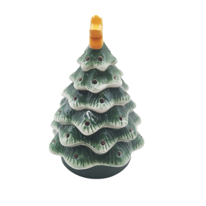Ceramic Christmas Tree Figurine Glazed Handmade Holiday Decoration Green with Orange Star Top <b>Battery</b> <b>Operated</b> 14*14*20.2cm - Product Image 1