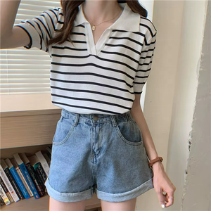 Nouveau cardigan d'été version coréenne, col en V, rayé, féminin, ajusté, manches courtes, pour femme de bureau, en maille nylon/coton - Product Image 2