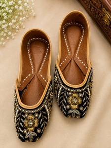 Black Gold Embroidered Comfort Punjabi Juttis Women Flat Shoes Beaded Floral Round Toe Slip on Festival Wear - Product Image 1