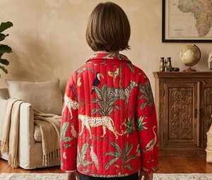 Veste en coton matelassée réversible rose pour filles, manteau tricoté à imprimé animal avec poche avant, manches trois quarts - Product Image 2