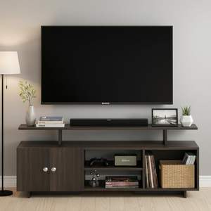 Meuble TV en bois d'ingénierie, meuble TV sur pied avec étagères de rangement pour salon, support TV, Wengé - Product Image 1