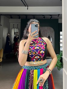 Designer Printed Design With Gota Patti Detailing And Mirror Work Rayon Navratri Special Lehenga Choli Ready To Wear <b>Set</b> - Product Image 5