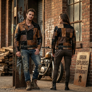 Chaqueta de cuero asimétrica de patchwork para hombre al por mayor, proveedor y fabricante de ropa exterior de moto de piel de vaca con pelo personalizada - Product Image 5