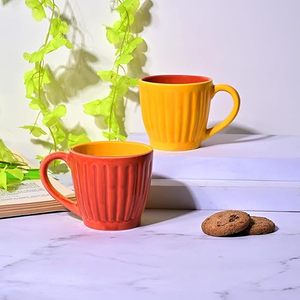 Glossy Ribbed Red and Yellow Ceramic <b>Tea</b> <b>Cup</b> <b>Set</b> of 2 - Product Image 4
