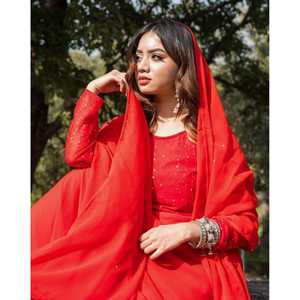 Ensemble Anarkali en Chiffon Rouge Royal à Manches Longues avec Ornements en Paillettes Taille XS - Product Image 4