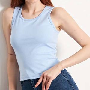 Camiseta sin Mangas de Punto Azul Claro para Mujer, Cuello Redondo, Color Sólido, Informal, Largo Regular, 100% Algodón - Product Image 1
