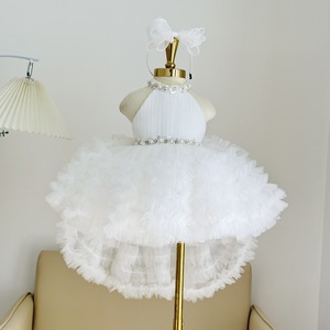 Robe de soirée en tulle perlée à col licou pour filles, modèle 2-en-1 avec traîne à volants détachable, jupe superposée élégante, vente en gros - Product Image 3