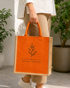 Orange Recycled Jute Shopping <b>Bag</b> with Leaf Design Silk Screen <b>Medium</b> <b>Size</b> Hand Carry Wedding Grocery Tote - Product Image 6