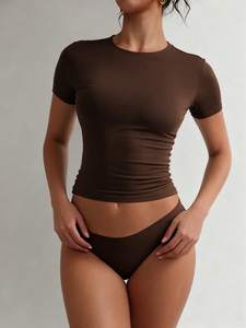 Slim Fit <b>Coffee</b> Brown Crop Top Short Sleeve Crewneck Workout Baby Tee Skinny Elastic Gym Clothing Sportswear Women's Shirts OEM - Product Image 4