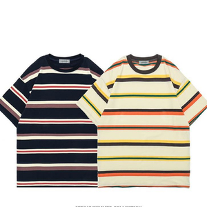 Camiseta de Algodón Grueso con Estampado Personalizado, Tejido Liso Teñido, Corte Holgado, Hombros Caídos, Estilo Vintage Urbano a Rayas - Product Image 3