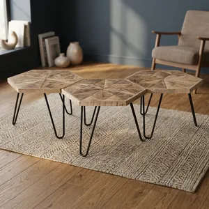 Table basse hexagonale en bois massif avec pieds en métal noir, tabouret compact pour petit espace, table centrale pour salon, chambre, style ferme - Product Image 3