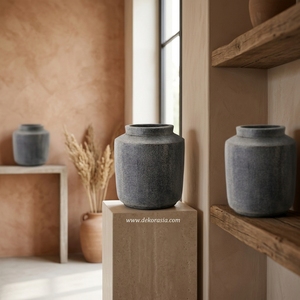Vase cylindrique en terre cuite rustique gris foncé Cociana, pot en argile artisanal, urne décorative en céramique, vente en gros - Product Image 2