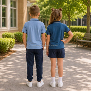 Ensemble uniforme scolaire pour enfants, tissu tricoté en coton, polo avec logo brodé pour garçons et filles, couleurs bleu marine - Product Image 3