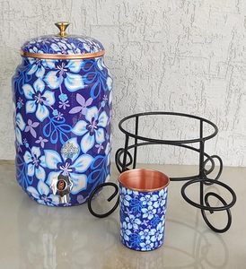 Distributeur d'eau en cuivre, design floral bleu, avec bordure et support en cuivre, distributeur d'eau froide pour la maison - Product Image 6