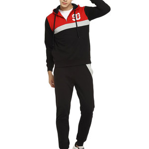 Men's Hooded Tracksuit <b>Set</b> Black Red Color Blocking Full Sleeve Casual Sweatshirt And Pants With Drawstring Closure - Product Image 4