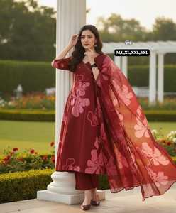 Women's Embroidered Work Cotton <b>Kurti</b> And Pant With Mul Mul Dupatta Set Ready To Wear - Product Image 4