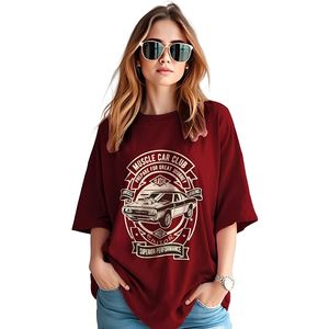 T-shirt pour femme Muscle Car Club, imprimé classique Legend, col rond, coupe ample, décontracté, manches courtes, rouge, jersey 100% coton - Product Image 1