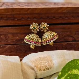 Small Brass Jhumka Earrings-Cute Trendy Ethnic Party & Wedding Jewelry - Product Image 3