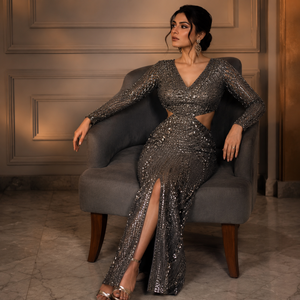 Luxury <b>Sequin</b> Cut Out Evening Dress for Women Deep V Neck Long Sleeve Bodycon Maxi Gown with Front Slit Party Cocktail Formal - Product Image 3