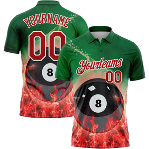 <b>Men's</b> <b>Green</b> Billiard <b>Polo</b> <b>Shirt</b> Short Sleeve Printed 8 Ball Flame Design Breathable Casual Sport Wear - Product Image 1