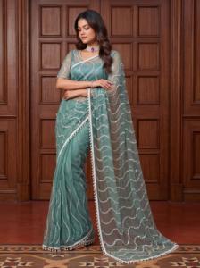 Sari indien traditionnel ethnique de créateur pour mariage, avec broderie en résille lourde et travail de sequins, pour femme, coupe tendance - Product Image 5