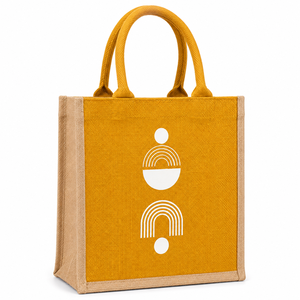 Geometric Pattern Jute Beach Tote <b>Bag</b> <b>Medium</b> <b>Size</b> Top Handle Groceries Shopping Yellow with White Silk Screen Design - Product Image 1