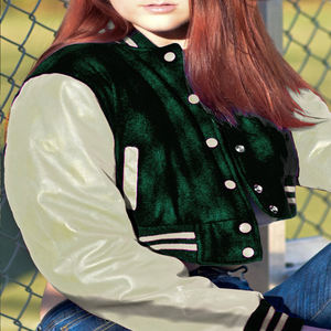 Veste courte universitaire pour femme, vert foncé beige, style Letterman, manteau bomber, manches en similicuir, vêtement d'extérieur décontracté, mode féminine - Product Image 1