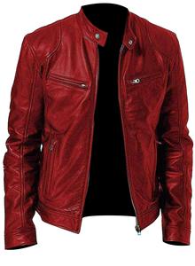 Blouson Bomber Homme en Cuir Véritable Rouge, Col Rabattu, Coupe-Vent, Fermeture Éclair, Coupe Ajustée, Longueur Standard, Logo Avant, Automne - Product Image 3