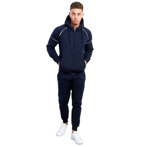 Chándal Azul Marino con Capucha para Hombre, Manga Larga, Color Sólido, Cierre con Cordón, Ropa Casual, Bolsillos Laterales, Transpirable, 100% Algodón - Product Image 1