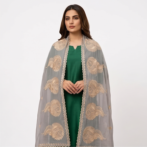Women Gray Chiffon <b>Shawl</b> Floral Embroidered Rhinestone Gold Trim Ethnic Scarf Breathable Daily Wear Fashion <b>Wrap</b> - Product Image 2