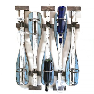 Porte-vin en bois rustique en forme d'aviron, rangement pour 5 bouteilles, pour maison de plage, porte-vin mural en bois vieilli, bar côtier - Product Image 5