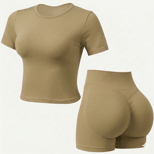 Custom <b>Womens</b> Seamless <b>khaki</b> yoga Set <b>Short</b> Sleeve Fitness Top High Waist Scrunch <b>Shorts</b> Gym Activewear Sportswear Outfit - Product Image 1