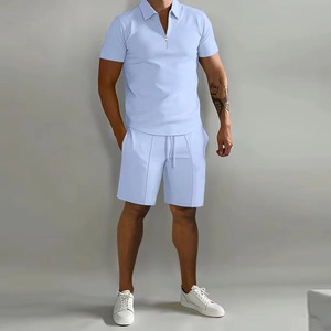 Men's Solid Blue Polo T-Shirt and Shorts <b>Set</b> Casual Summer Wear Quarter-Zip <b>Knitted</b> Breathable Outfit - Product Image 6