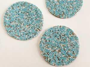 Handmade Beaded <b>Coasters</b>: Blue, <b>Silver</b>, and White (Set of 4/6) by whimsy art craft - Product Image 2