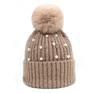 Elegant Gray <b>Beanie</b> <b>Hat</b> With Pearl Rhinestone Decoration Pom Pom Winter Knit Cap For <b>Women</b> Adults Casual Style <b>beanie</b> - Product Image 6