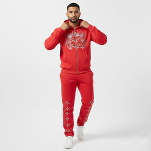 Ensemble de survêtement décontracté unisexe personnalisé avec logo, sweat à capuche zippé rouge et pantalon de jogging, streetwear imprimé graphique étoile, polaire léger - Product Image 2