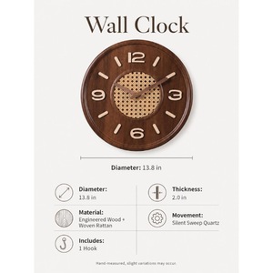 Horloge murale en bois ronde, analogique, à quartz, silencieuse, design minimaliste, décoration de salon - Product Image 2