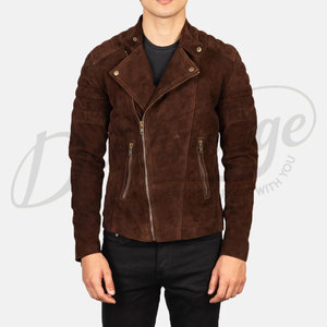 Premium Men Brown <b>Suede</b> Leather Biker <b>Jacket</b> Asymmetric Zip Quilted Shoulder Slim Fit Moto <b>Jacket</b> Casual Outerwear Coat - Product Image 6