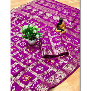 Heritage Rajasthani Bandhani <b>Saree</b> with Rich Golden Zari Border and Heavy Festive Pallu Premium Bandhej Silk <b>Saree</b> - Product Image 1