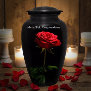 Urne funéraire noire en aluminium de style américain Impression de roses rouges Urne funéraire décorative en métal laqué Pots funéraires pour cendres d'adultes - Product Image 2