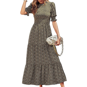 <b>Brown</b> Botanical Floral Women’s Maxi Dress Comfortable Cotton Blend Smocked Waist Tiered Fit Women’s Maxi Dresses - Product Image 1