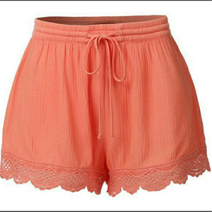 Women's High Waist Drawstring Chiffon Shorts With <b>Lace</b> Trim Casual Loose Fit Solid Color Breathable Summer Wear - Product Image 1